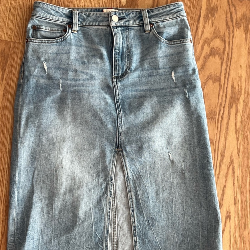 Alice + Olivia Light Wash Denim Skirt with Branded Button